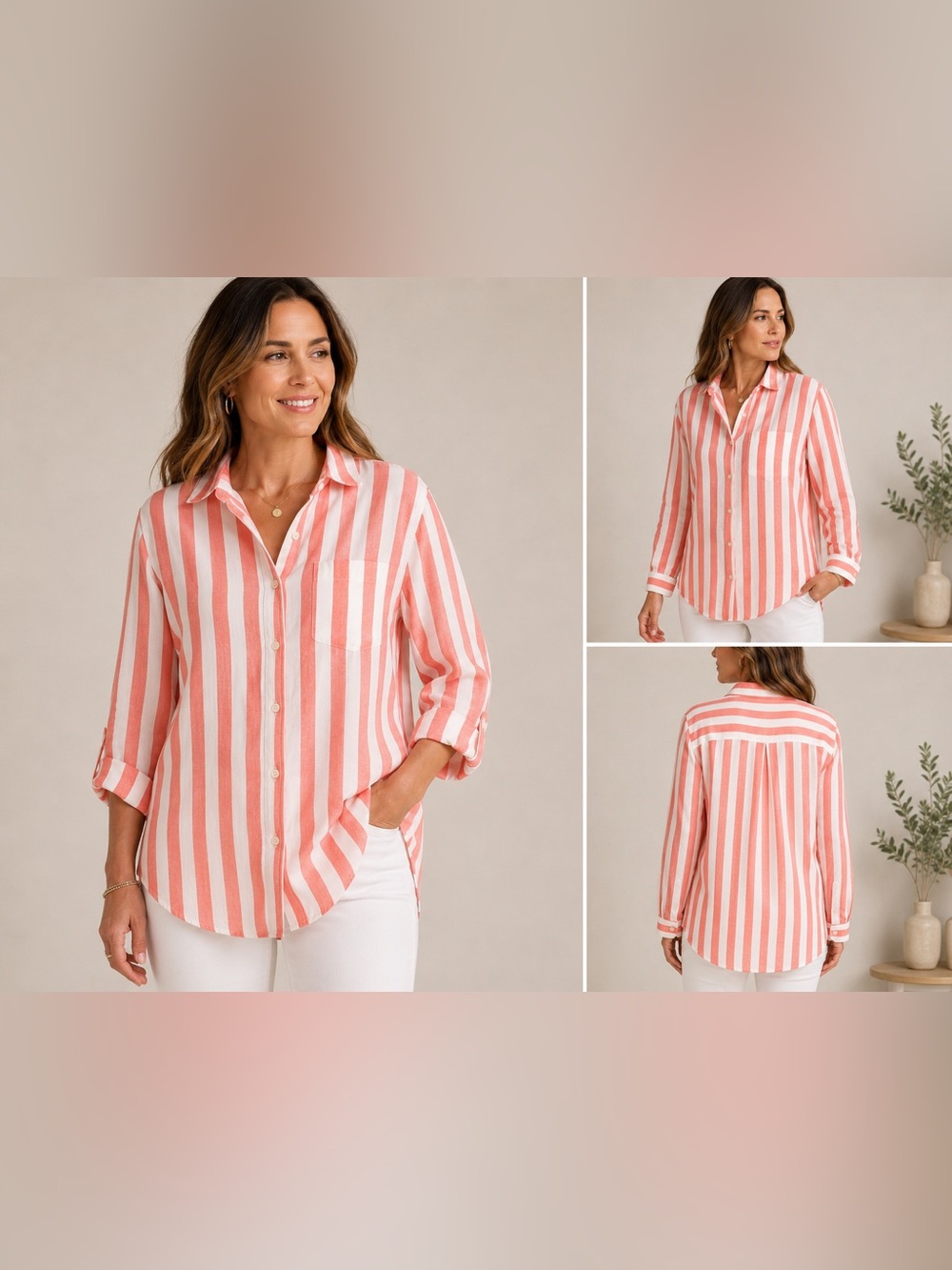St. John’s Bay Women’s XL Tall Coral Striped Cotton Tunic Button Down NWT